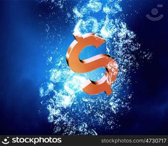 Financial crisis concept. Dollar sign sink in clear blue water