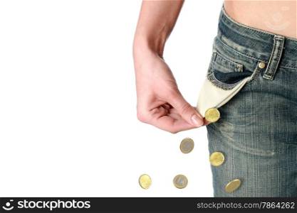 Financial crisis concept. Empty pocket and coins over white.