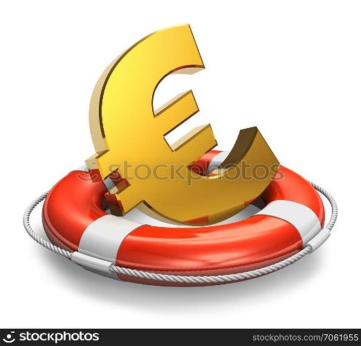 Financial crisis in Europe concept: golden Euro symbol in lifesaver belt isolated on white background