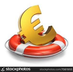 Financial crisis in Europe concept: golden Euro symbol in lifesaver belt isolated on white background