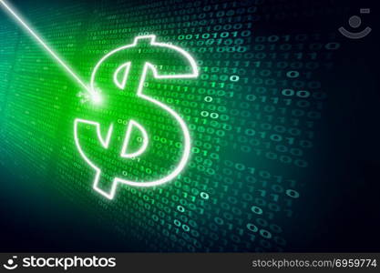 Financial data abstract technology background as a laser writing a dollar sign on digital code as an internet banking or investing finance symbol in a 3D illustration style.. Financial Data