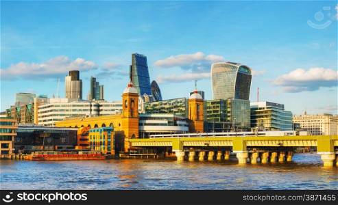 Financial district panorama of London city on a sunny day
