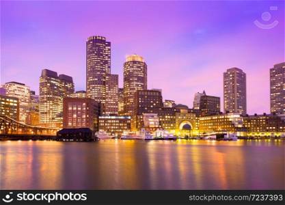 Financial District Skyline and Harbour at Dusk, Boston, Massachusetts, USA