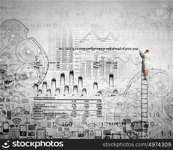 Financial education. Back view of businesswoman standing on ladder and drawing sketch on wall