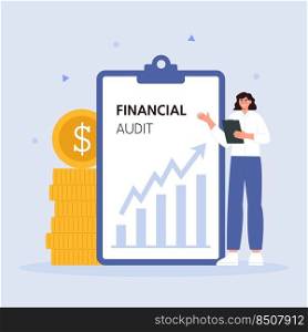 Financial expert concept with woman specialist showing an increase in income. Financial management, tax payment, reporting. Vector flat illustration.