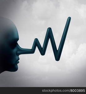 Financial false reporting concept and accounting fraud in a dishonest company stock market report as a person with a long liar nose shaped as a profit chart graph as a metaphor for business corruption and misconduct.