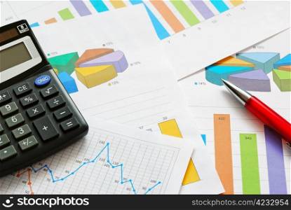 Financial graphs and charts, top view. Financial graphs and charts