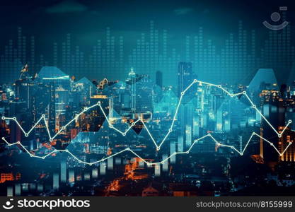 Financial graphs and digital indicators overlap with modernistic urban area, skyscrabber for stock market business concept. Double exposure.. Financial graphs overlap with modernistic urban area for business concept.