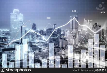 Financial graphs and digital indicators overlap with modernistic urban area, skyscrabber for stock market business concept. Double exposure.. Financial graphs overlap with modernistic urban area for business concept.