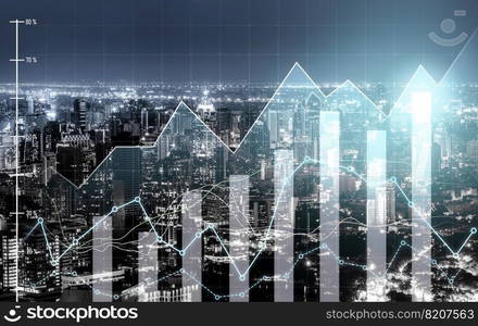 Financial graphs and digital indicators overlap with modernistic urban area, skyscrabber for stock market business concept. Double exposure.. Financial graphs overlap with modernistic urban area for business concept.