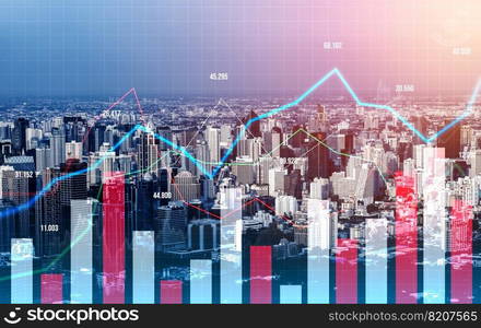 Financial graphs and digital indicators overlap with modernistic urban area, skyscrabber for stock market business concept. Double exposure.. Financial graphs overlap with modernistic urban area for business concept.