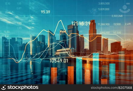 Financial graphs and digital indicators overlap with modernistic urban area, skyscrabber for stock market business concept. Double exposure.. Financial graphs overlap with modernistic urban area for business concept.