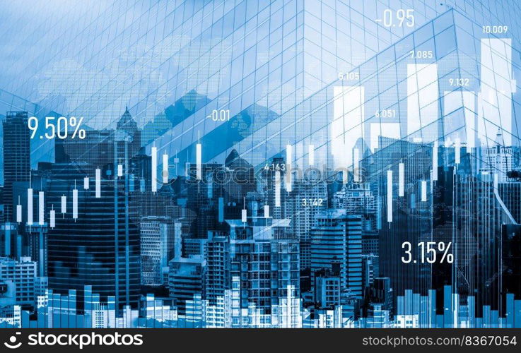 Financial graphs and digital indicators overlap with modernistic urban area, skyscrabber for stock market business concept. Double exposure.. Financial graphs overlap with modernistic urban area for business concept.