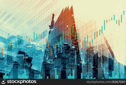 Financial graphs and digital indicators overlap with modernistic urban area, skyscrabber for stock market business concept. Double exposure.. Financial graphs overlap with modernistic urban area for business concept.