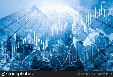 Financial graphs and digital indicators overlap with modernistic urban area, skyscrabber for stock market business concept. Double exposure.. Financial graphs overlap with modernistic urban area for business concept.