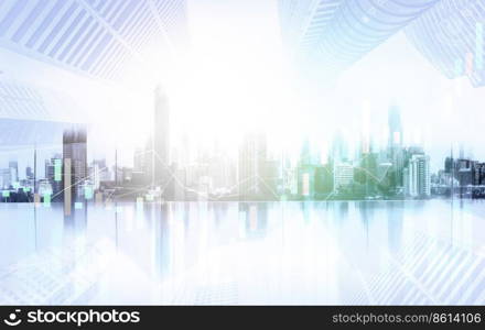 Financial graphs and digital indicators overlap with modernistic urban area, skyscrabber for stock market business concept. Double exposure.. Financial graphs overlap with modernistic urban area for business concept.