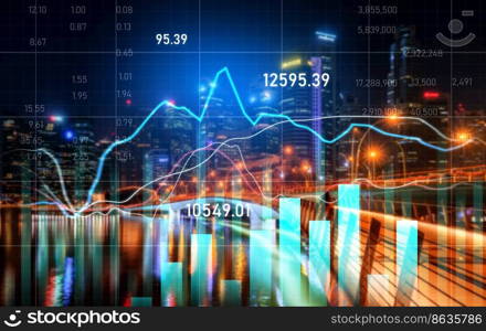 Financial graphs and digital indicators overlap with modernistic urban area, skyscrabber for stock market business concept. Double exposure.. Financial graphs overlap with modernistic urban area for business concept.