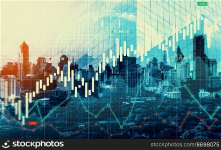 Financial graphs and digital indicators overlap with modernistic urban area, skyscrabber for stock market business concept. Double exposure.. Financial graphs overlap with modernistic urban area for business concept.