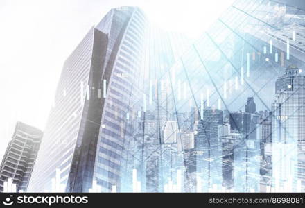 Financial graphs and digital indicators overlap with modernistic urban area, skyscrabber for stock market business concept. Double exposure.. Financial graphs overlap with modernistic urban area for business concept.