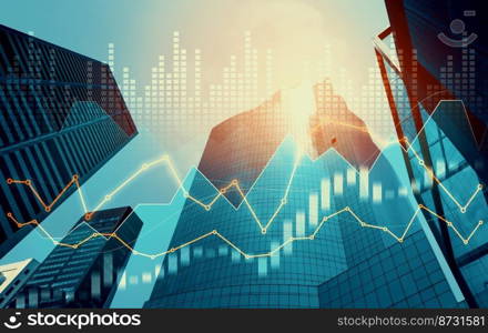 Financial graphs and digital indicators overlap with modernistic urban area, skyscrabber for stock market business concept. Double exposure.. Financial graphs overlap with modernistic urban area for business concept.