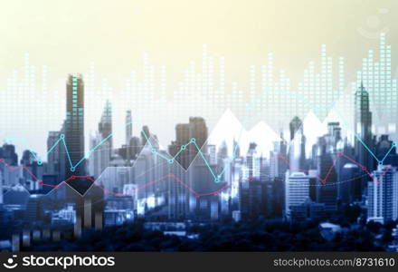 Financial graphs and digital indicators overlap with modernistic urban area, skyscrabber for stock market business concept. Double exposure.. Financial graphs overlap with modernistic urban area for business concept.