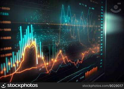 Financial graphs, glowing lines and diagram. Trading market. Generative AI. High quality illustration. Financial graphs, glowing lines and diagram. Trading market. Generative AI