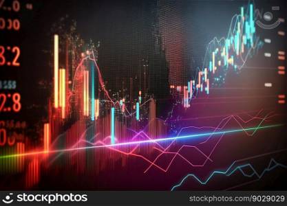 Financial graphs, glowing lines and diagram. Trading market. Generative AI. High quality illustration. Financial graphs, glowing lines and diagram. Trading market. Generative AI