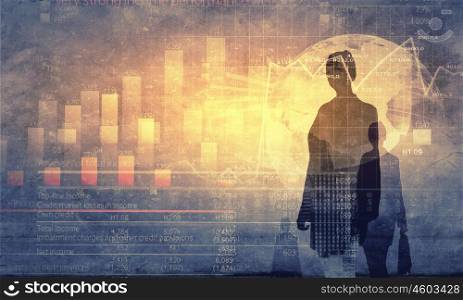 Financial growth. Back view of businesswoman and graphs at background