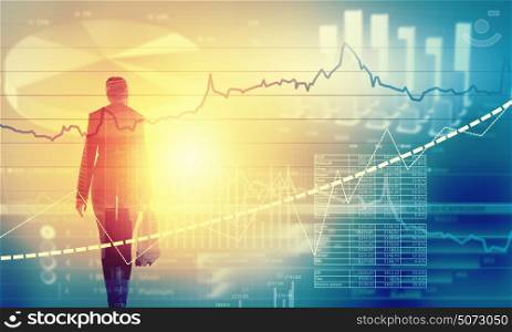 Financial growth. Back view of businesswoman and graphs at background