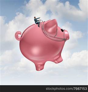 Financial guide success concept as a businessman riding and steering a flying piggy bank to wealth as a metaphor for finance leadership and growing profits.
