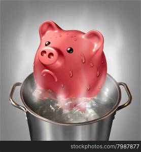 Financial heat business concept as a piggybank in a pot of hot boiling water as a symbol for money problems and budget savings stress and finance anxiety.