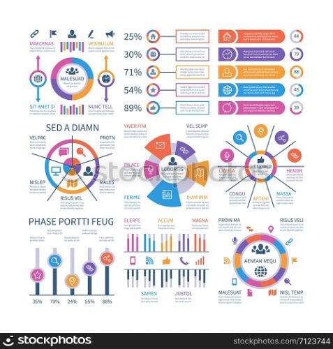 Financial infographic. Business bar graph and flow chart, economic diagram circle charts with icons. Presentation vector infographics. Diagram and economic chart, flowchart infographic illustration. Financial infographic. Business bar graph and flow chart, economic diagram circle charts with icons. Presentation vector infographics