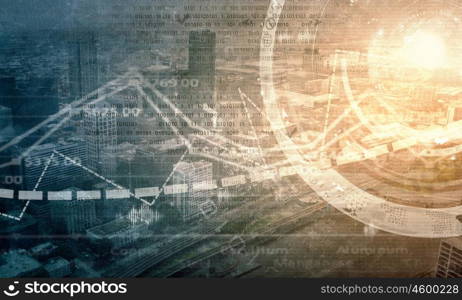 Financial infographics. Conceptual image with financial charts and graphs on city background