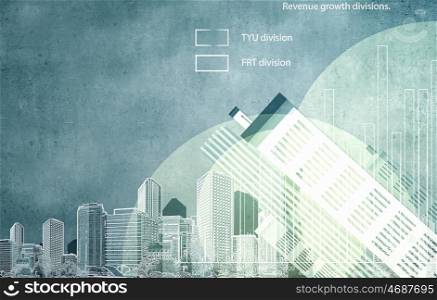 Financial infographics. Conceptual image with financial charts and graphs on city background