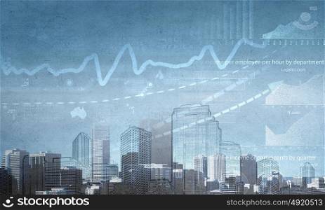 Financial infographics. Conceptual image with financial charts and graphs on city background
