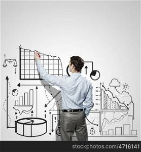 Financial infographs. Back view of businessman drawing infographs on wall