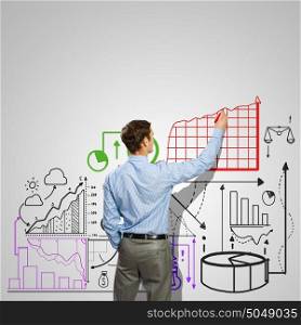 Financial infographs. Back view of businessman drawing infographs on wall