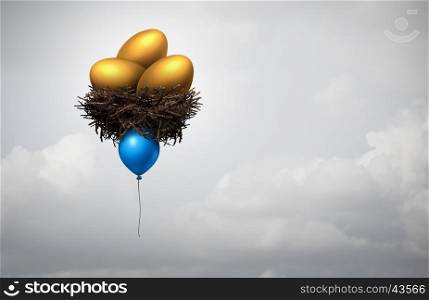 Financial investment guidance concept as a blue balloon lifting a nest with gold eggs as a banking or investing metaphor for retirement fund risk or income direction decision with 3D illustration elements.
