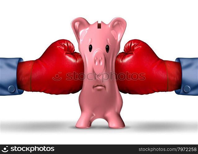 Financial money pressure and money crunch business concept with two red boxing gloves putting the squeeze on a pink piggy bank under a finance crisis pressure as an icon of savings and budget problems.