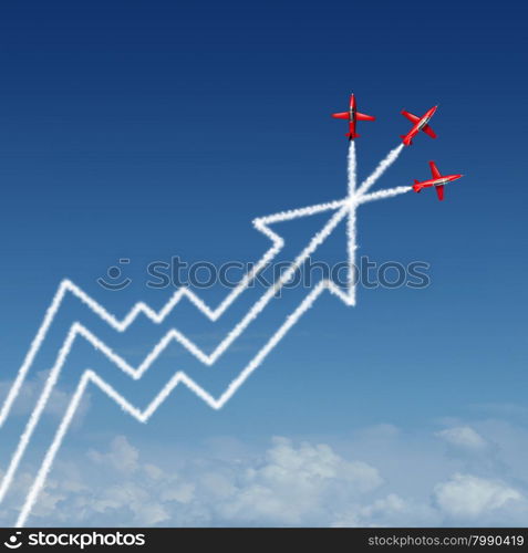 Financial performance annual report business concept as a group of air show acrobatic jet airplanes creating a smoke pattern shaped as a finance diagram and profit chart with an upward arrow as a success metaphor for company vision.