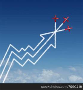 Financial performance annual report business concept as a group of air show acrobatic jet airplanes creating a smoke pattern shaped as a finance diagram and profit chart with an upward arrow as a success metaphor for company vision.