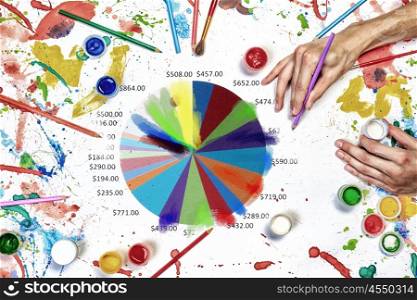 Financial pie drawing. People hands drawing business growth concept with paints