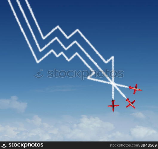 Financial plunge business concept as a group of air show acrobatic jet airplanes creating a smoke pattern shaped as a finance diagram in descent and profit loss chart with a downward arrow.