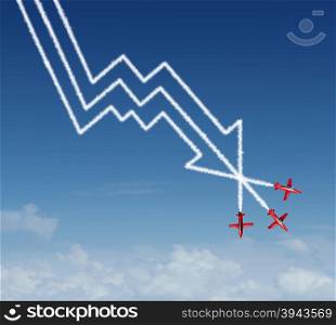 Financial plunge business concept as a group of air show acrobatic jet airplanes creating a smoke pattern shaped as a finance diagram in descent and profit loss chart with a downward arrow.