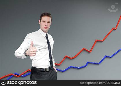 ""Financial report &amp; statistics. Business success concept. Businessman shows thumb up with growth progress graph on background.""