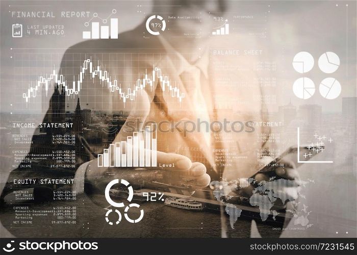 Financial report data of business operations (balance sheet and income statement and diagram) as Fintech concept.Double exposure of success businessman open his hand with London building.