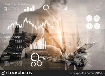 Financial report data of business operations (balance sheet and income statement and diagram) as Fintech concept.Double exposure of success businessman open his hand with London building.