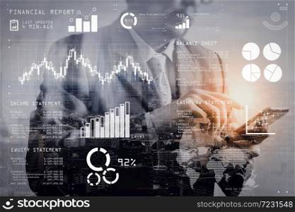 Financial report data of business operations (balance sheet and income statement and diagram) as Fintech concept.Double exposure of success businessman using smart phone with London building.