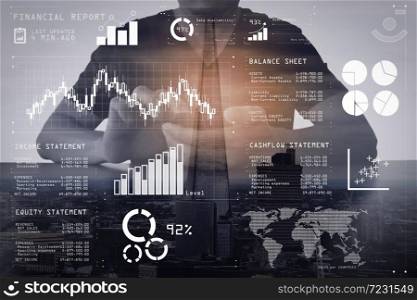 Financial report data of business operations (balance sheet and income statement and diagram) as Fintech concept.Double exposure of success businessman using smart phone with London building.