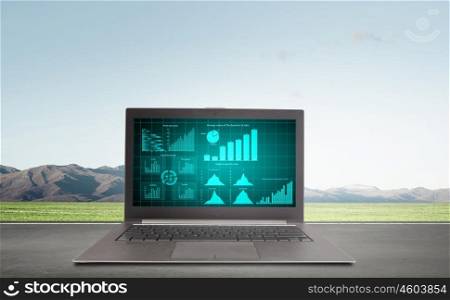 Financial report. Laptop with graphs and diagrams on screen